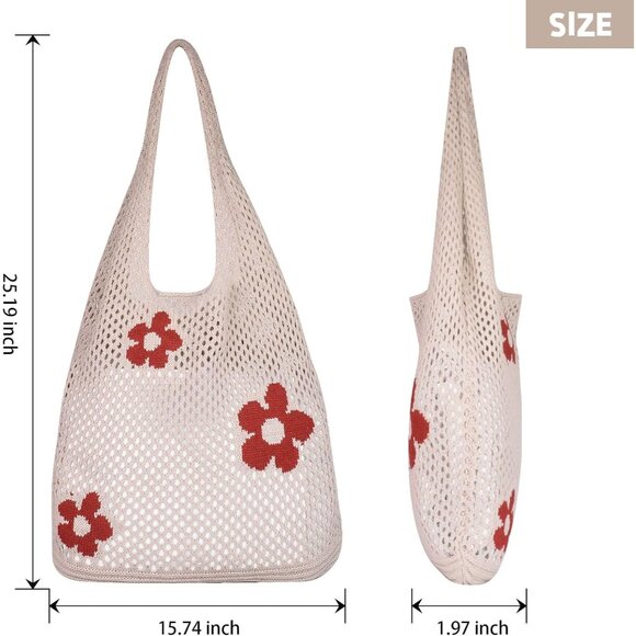 Women's Light Brown Crochet Bag Cute Mesh Summer Knitted Shoulder Beach Tote Bag - Picture 2 of 7